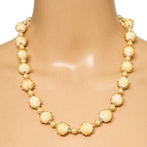Handmade Lampwork Bead Necklace Yellow & White Raised Dots Glass W Faux Pearls